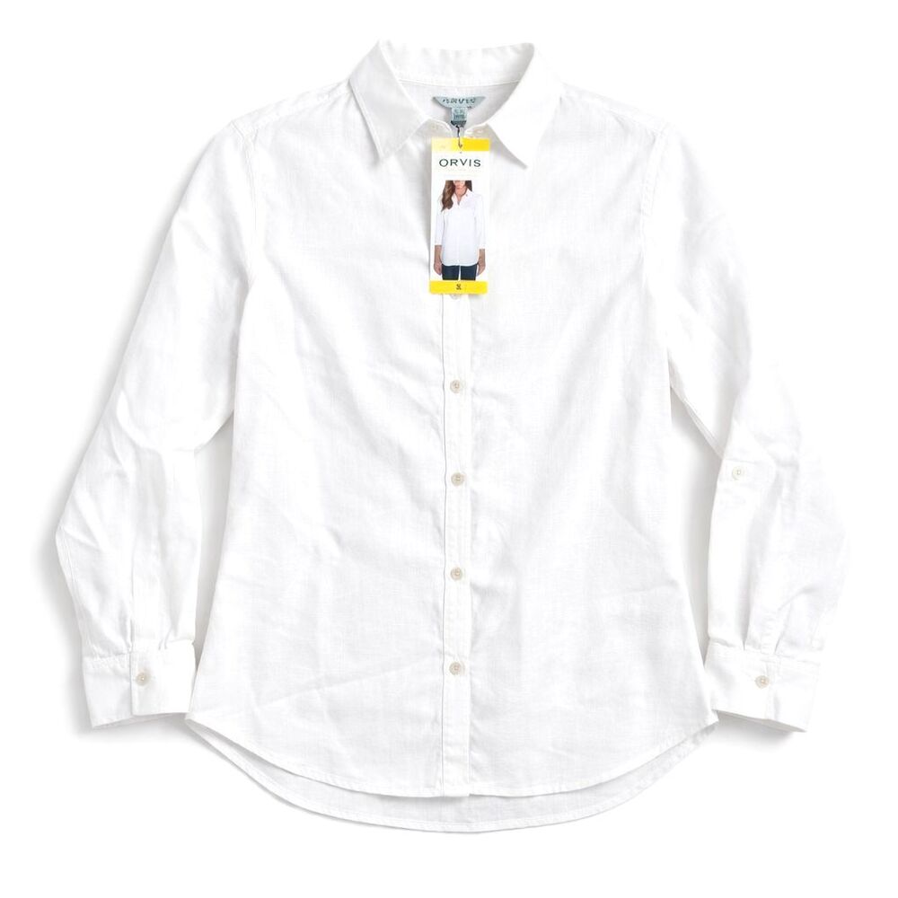 Orvis Linen Blend Button Up Shirt Womens Small White Roll Tab Sleeve